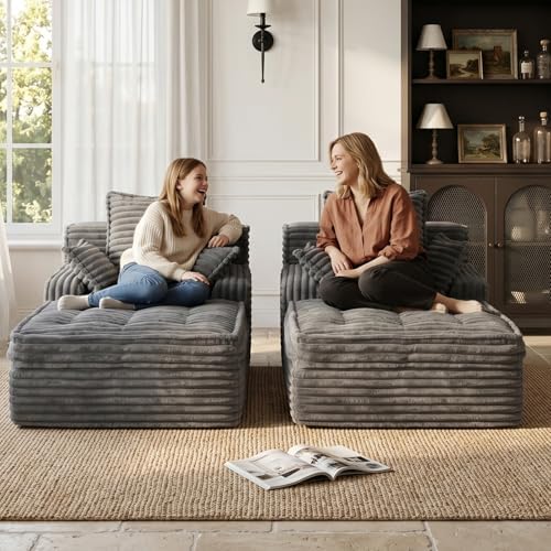 Boneless Chaise Lounge Couch Indoor, Small Corduroy Upholstered Sleeper Sofa Bed Reading Chairs with 3 Pillows, Fluffy Comfy Cloud Sofas Couches, Compression Boneless Sofa for Small Corner