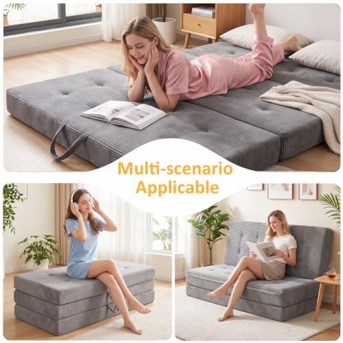 6 Inch Tri-Fold Corduroy Folding Sofa Bed, Queen Size Foldable Floor Mattress with Carry Handles, Sofa Bed for Floor, Couch for Living Room, Camping, Dorm, Yoga (Queen)