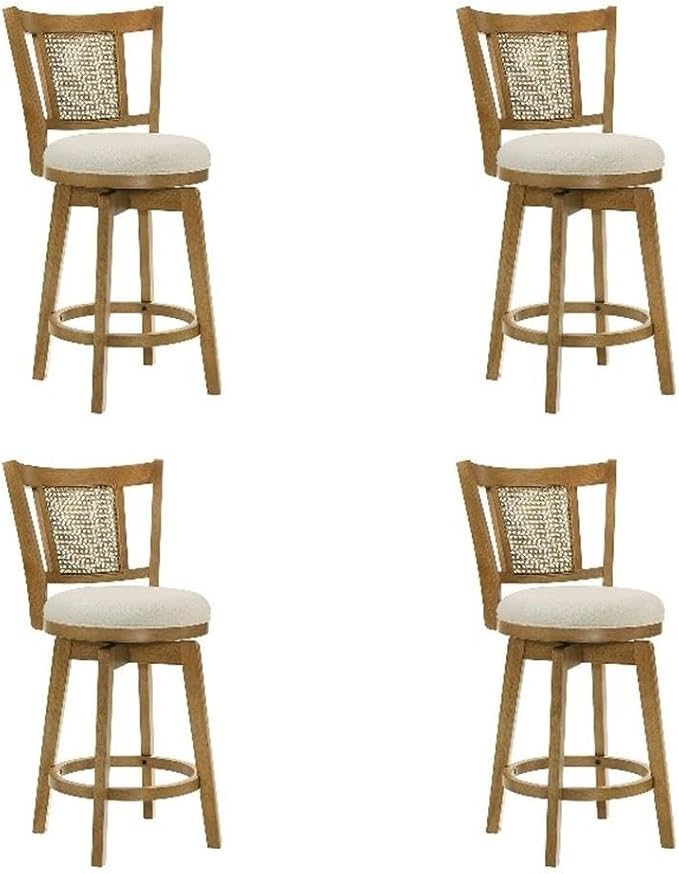 Armen Living Isla 30 in. Amber Glow Bar Height Rubberwood Swivel Barstool with Ivory Fabric Seat - Set of 4