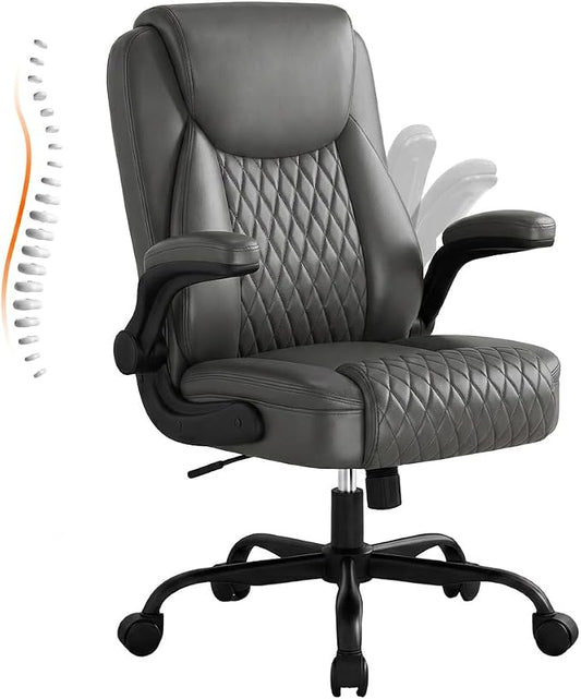 GTPLAYER Leather Office Chair, Home Desk Chair with Flip-up Arms and Ergonomic Back - Comfy Heavy Duty Executive Chair for Home Office Gaming, Gray