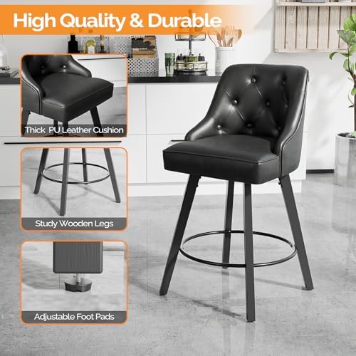VINGLI 26" H Swivel Barstools Set of 1, PU Leather Upholstered Counter Stool with Back, Kitchen High Chairs Counter Height Bar Stools with Cushion, Solid Wood Legs, Black
