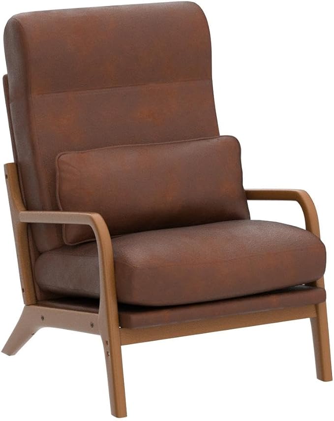 Karl home Accent Chair High Back Mid-Century Modern, Brown | Bronzing Cloth Upholstered, Walnut Color Solid Rubber Wood Frame, Soft Cushion with Pillow, For Living Room, Bedroom, Balcony