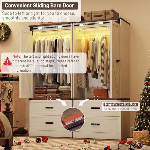 2 Doors Armoire Wardrobe Closet w/ Folding Sliding Barn Door,Antique White