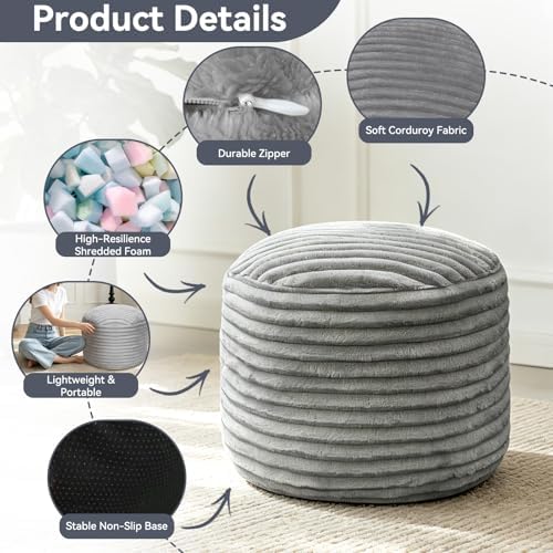 Corduroy Round Pouf Ottoman Foot Rest 20x15 Foam Filled Stool Gray