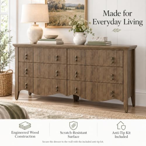 6-Drawer Fluted Dresser, 52" Wide Double Chest of Drawers,Light Oak