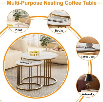 Garden 4 you Coffee Table Faux Marble Nesting Table for Small Place 2 Sets Modern Furniture Living Room Sets End Side Table Night Stand for Bed Room Dining Room (White & Gold)