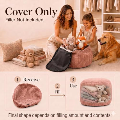 Round Pouf Ottoman Cover Only, Dusty Rose, 20"x13", Small Storage Cover