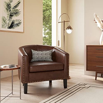 BELLEZE Accent Barrel Chair, Set of 2 Modern Faux Leather Tub Club Chair Upholstered Armchair with Gold Nail Head Trim and Black Legs for Living Room Bedroom Apartment Lounge - Brown