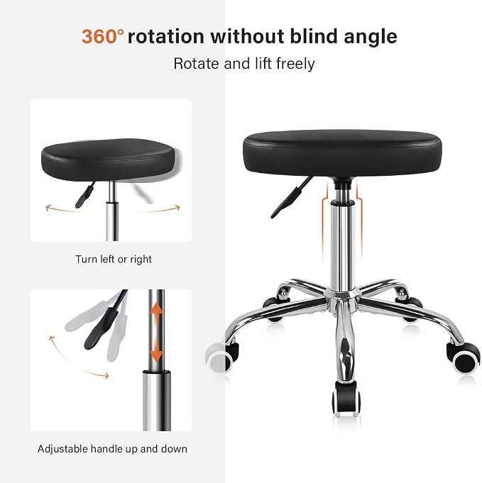 KKTONER Square Rolling Stool Swivel Height Adjustable Stool for Office Salon Home Coffee Shop Bar SPA Chair Black