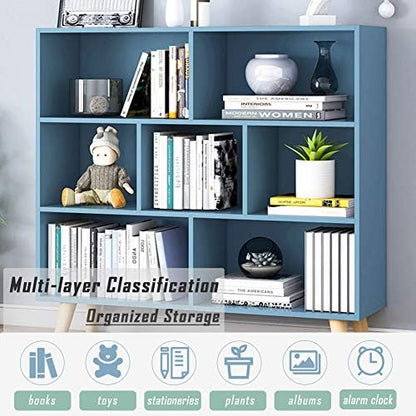 IOTXY Wooden Open Shelf Bookcase - 3-Tier Bookshelf with Legs, Bright Blue