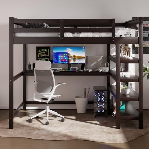 Merax Wood Loft Bed, Loft Bed with Storage Shelves and Under-Bed Desk Solid Wood Bed,Full Size, Espresso Color