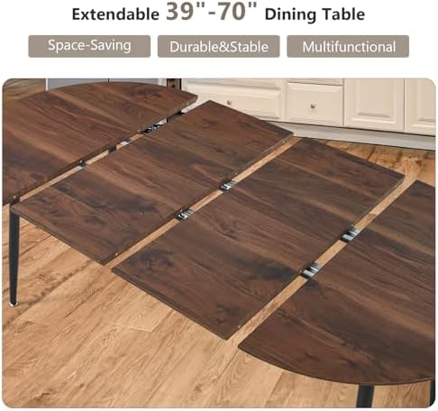 Extendable Round Dining Table for 4 6 Wooden Dining Room Table 39" to 70" Modern Kitchen Table for Dining Room Office Expandable Oval Dinner Table with MDF Top and Wood Legs Brown