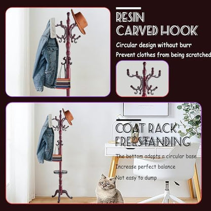 73 in Wood Coat Rack, Coat Rack Freestanding with Stable Round Base, Adjustable Height Tree Coat Racks Stand for Home Bedroom Office Hallway Entryway (Rosewood Tray)