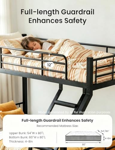 Twin XL Over Queen Bunk Bed, Heavy Duty 600lbs Bed Frame, Safety Guardrails