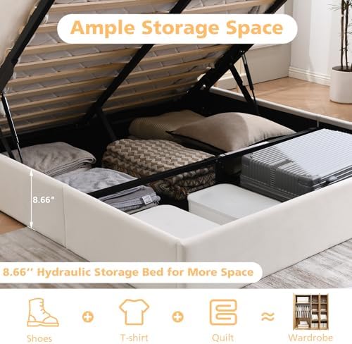 VELOCAVA Full Lift Up Storage Bed Frame, Velvet-Look Upholstered Bed with Modern Wingback Headboard, Gas Lift Mechanism, Space Saving Design, No Box Spring Needed, White