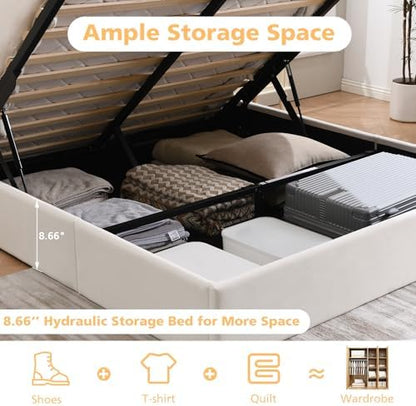 VELOCAVA Full Lift Up Storage Bed Frame, Velvet-Look Upholstered Bed with Modern Wingback Headboard, Gas Lift Mechanism, Space Saving Design, No Box Spring Needed, White
