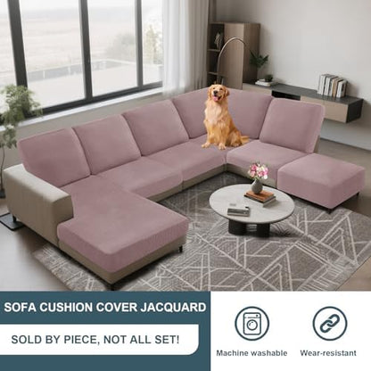 UNBBRRL Seat Cushion Cover and Back Covers for Corner Sofa Stretch Jacquard, Non Slip L Shaped Sofa Slipcover with Storage Ottoman, Sectional Couch Cover for Chaise Lounge (Pink,31 x 45 x 6”)