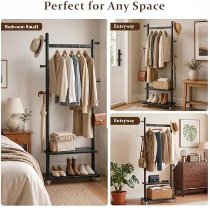 Coat Rack Freestanding Solid Wood Clothes Rack with Wheels