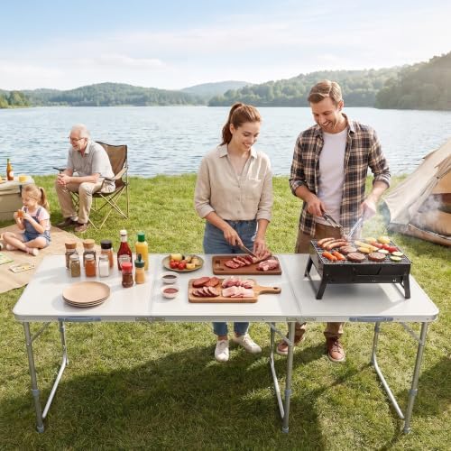 VINGLI 6ft Folding Camping Table with Carry Handle,Portable Utility Table Multipurpose for Party Picnic Tailgating Outdoor Patio Garden Indoor Kitchen …