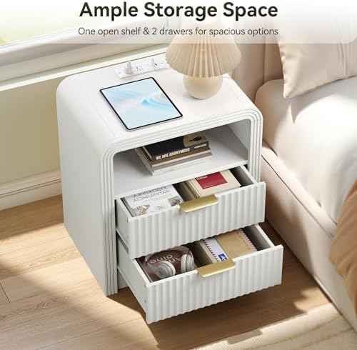 Decofy Fluted Nightstand with Charging Station, 2 Drawers, White