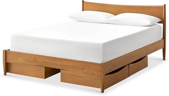 mopio Retrovie Mid-Century Modern King Bed Frame – Solid Wood Legs, LVL Slat System, No Box Spring Needed, Supports 661 lbs, Easy Assembly (Walnut, 4 Drawers)