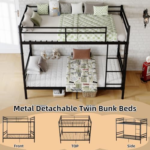 Metal Bunk Bed Twin Over Twin, Heavy Duty Twin Bunk Bed with Ladder & Safety Guardrails for Kids/Teens/Adults, Convertible into 2 Individual Beds, Under-Bed Storage Space, Black