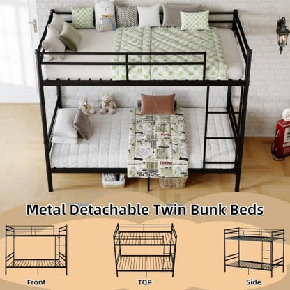Metal Bunk Bed Twin Over Twin, Heavy Duty Twin Bunk Bed with Ladder & Safety Guardrails for Kids/Teens/Adults, Convertible into 2 Individual Beds, Under-Bed Storage Space, Black