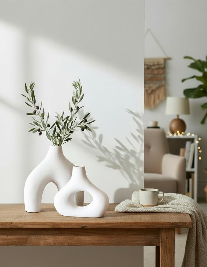 Carrot's Den Donut Vase, Set of 2 - White Large Ceramic Vase - Minimalist Nordic, Hollow | Table Centerpiece, Olive Plant, Wedding, Living Room, Bookshelf, Office, Modern Home, Entryway, Console