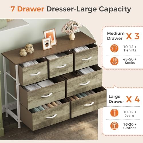 Sweetcrispy 7 Drawer Dresser for Bedroom Storage with Fabric Bins, Oak