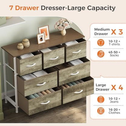 Sweetcrispy 7 Drawer Dresser for Bedroom Storage with Fabric Bins, Oak