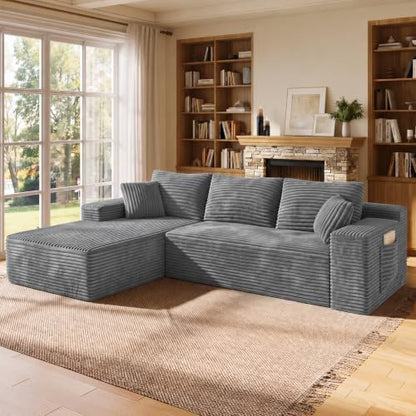 WINBOY 106" L Shaped Boneless Couches for Living Room, Comfy Modular Deep Seat Compressed Corduroy Sofawith Side Pocket,Grey, Left Facing Chiase