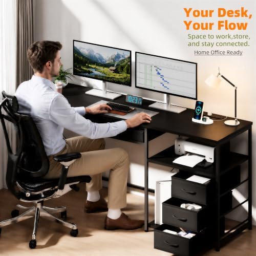YOSHOOT 60" Computer Desk with 5 Drawers and Power Outlets, Black