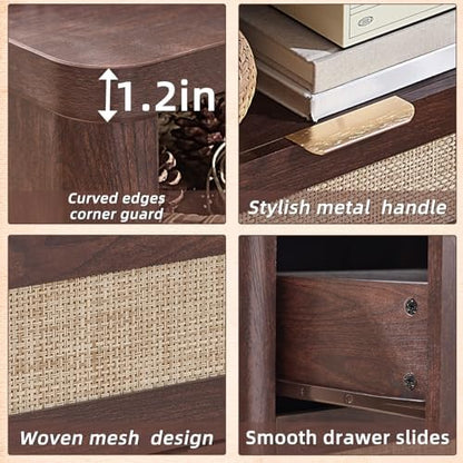 LEYAOYAO Rattan 23" Nightstands Set 2 with Charger Station 2 Drawers