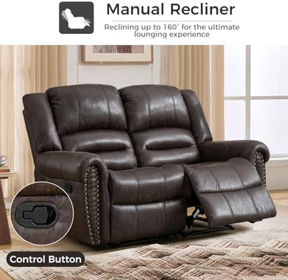EBELLO Manual Recliner Sofa Set, Faux Leather Reclining Living Room Set, Included Single Recliner Chair and Loveseat Manual Sofa, Vintage Rivet Mid-Century Design for Living Room, Dark Brown