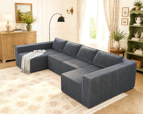 Claiks 128" U Shaped Boneless Couch, Corduroy Sectional Sofa, Grey