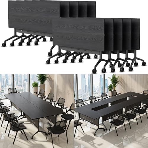 Folding Conference Table Modern Large Mobile Meeting Table Rolling Conference Room Tables with Wheels Seminar Tables for Office Training Classroom (10, Textured Black, 70.9" D X 23.6" W X 29.5" H)
