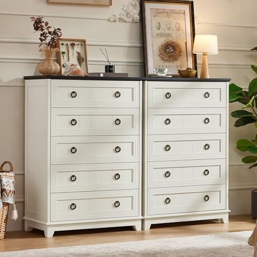 Joaxswe Farmhouse 5 Drawer Dresser for Bedroom Set of 2, 42" Tall Small Dressers & Chest of Drawers, Rustic Wood Dresser with Metal Handle, Storage Organizer Closet for Living Room, Hallway,Entryway
