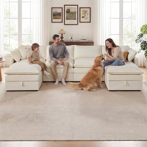 Myroyalsit Modular Sofa with Storage, 135" U Shape Sectional Cloud Couch, Oversized Fabric Couch with Movable Ottoman, 6 Seat Modern Deep Seat Sofa for Living Room (Beige Chenille)