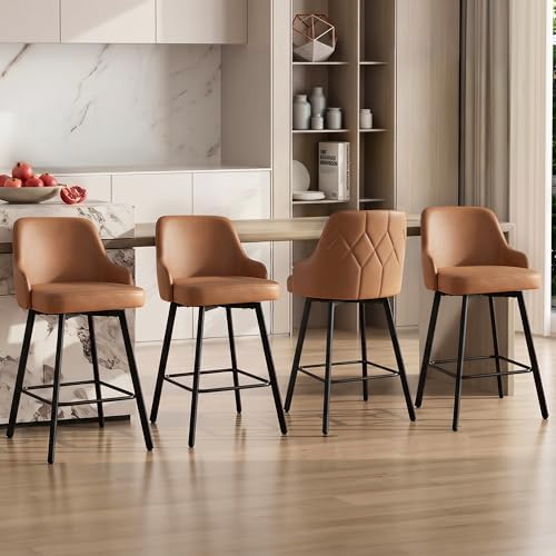KISLOT 26" Counter Height Swivel Bar Stools Set of 4, Upholstered Faux Leather Barstools with Back, Metal Legs for Kitchen Island Dining Room, Brown
