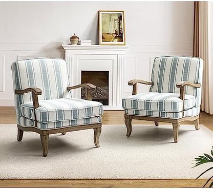 HULALA HOME Farmhouse Striped Accent Chairs Set of 2 with Wood Legs, Blue