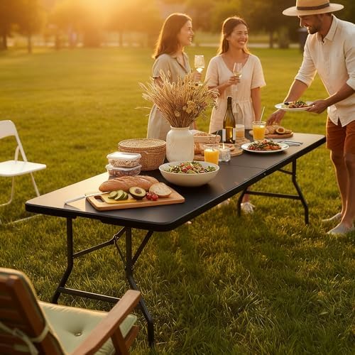 8FT Black Plastic Folding Table, Fold-in-Half with Carry Handle