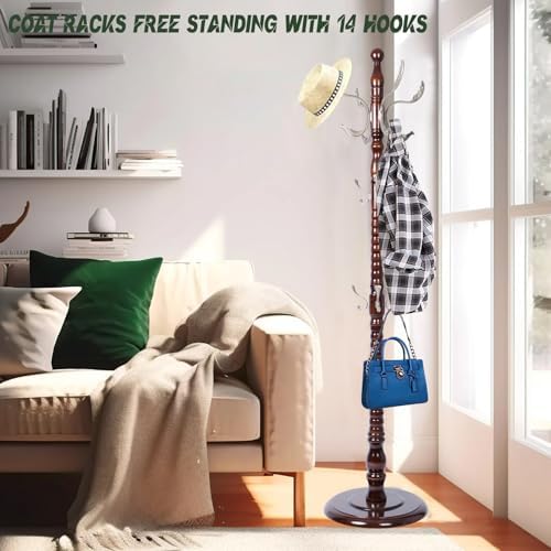 Wooden Coat Rack Freestanding, 14 Hooks, 73" Adjustable Height