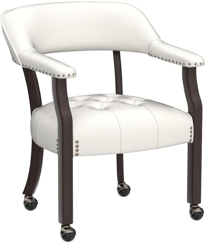 LEEMTORIG Set of 4 Dining Chairs with Casters and Arms, Large Rolling Dining Chairs with Wheels, Poker Table Chairs, Solid Wood Boss Caption's Chairs Office Chairs, Espresso Legs & Ivory PU SY-318-WT