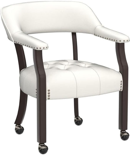 LEEMTORIG Set of 4 Dining Chairs with Casters and Arms, Large Rolling Dining Chairs with Wheels, Poker Table Chairs, Solid Wood Boss Caption's Chairs Office Chairs, Espresso Legs & Ivory PU SY-318-WT