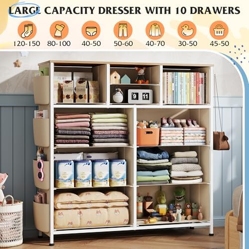 WLIVE 10 Drawer Fabric Dresser for Bedroom, Side Pocket Chest, Cream White
