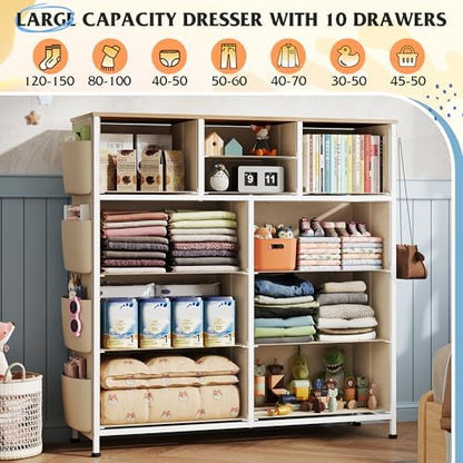 WLIVE 10 Drawer Fabric Dresser for Bedroom, Side Pocket Chest, Cream White