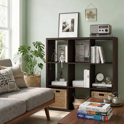 CTESNE【Wooden Thick Frame 9 Cube Storage Organizer Shelf with Anti-Tipping Kits + Reversible Open Back Bookcase, Horizontal and Vertical Dual-use Standing Bookshelf（Chocolate,13inch）
