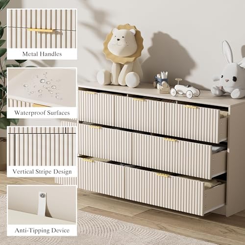 Beige 7 Drawer Dresser for Bedroom, 55.1" Wide Fluted Wood Dresser
