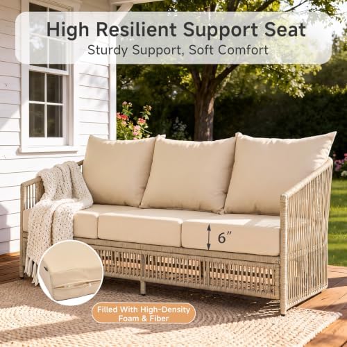 Pia Ricco 3-Seat Patio Wood Sofa, PE Wicker Rope Outdoor Couch with Soft Cushions, All-Weather Outdoor Furniture for Balcony Backyard Porch, Khaki