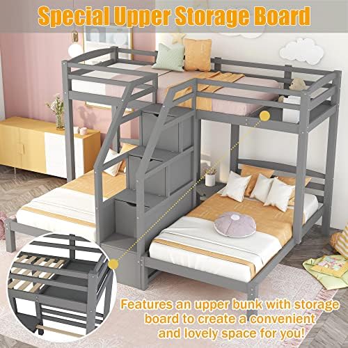 Harper & Bright Designs Triple Bunk Bed for Kids,Twin Over Twin Bunk Beds for 3, Wooden Bunk Beds with Storage Stairs and Litter Drawer for Girls Boys Teens,Grey